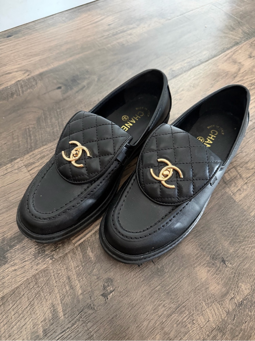 Chanel Black Quilted Leather Loafers with Gold CC Logo